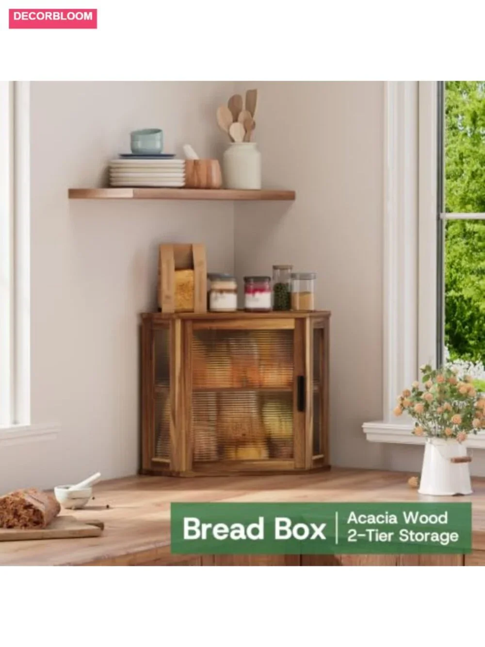 Acacia Wood Corner Bread Box Double Layer Magnetic Acrylic Window Kitchen